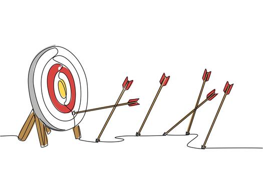 Continuous one line drawing more arrows stuck in the ground than the target pad. Lots of practice to perfect. Lack of accuracy. Not on target. Archery Day. Single line draw design vector