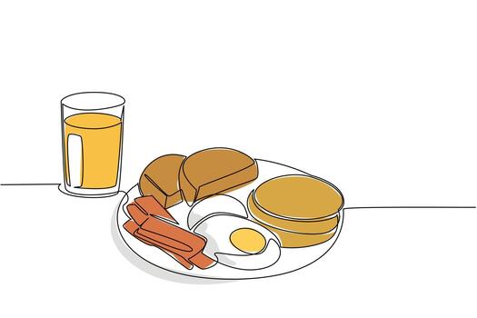 Single continuous line drawing fried egg with pancake, sliced meat and pieces of bread plus orange juice. Menu that is enough until dinner. Brunch for Lunch Day. One line illustration vector