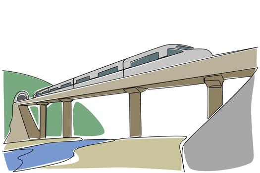 Continuous one line drawing a train with tracks crossing a river and at the back there is a hill with a tunnel. Very fast modern train. National Train Day. Single line draw illustration vector