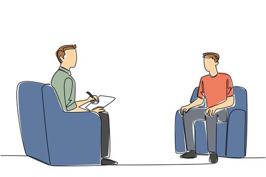 Continuous one line drawing man sitting on sofa holding clipboard. Logging problem. Looking for solution. National Mental Health Provider Appreciation Day. Single line draw design vector