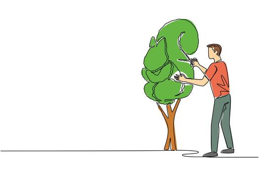 Single continuous line drawing a male gardener holding tree shears shaping a tree into a squirrel. Unique creative art. Symbol of perseverance. World Topiary Day. One line illustration vector