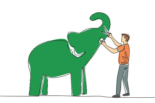 Continuous one line drawing a male gardener holds grass shears and shapes a tree into an elephant. A creativity without limits. The art. World Topiary Day. Single line draw illustration vector