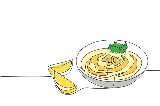 Continuous one line drawing hummus in white bowl with leaf and nut toppings plus lemon slices. Creamy and fresh blend in mouth. International Hummus Day. Single line draw illustration vector