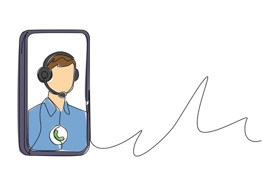 Single continuous line drawing smartphone with image of customer support wearing headphones. Solve problems with calls. International Customer Support Day. One line design vector