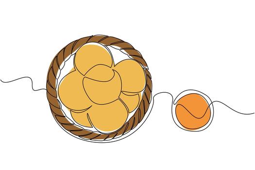 Single continuous line drawing buttermilk biscuits on a rattan wicker plate with a glass of orange juice. Freshness when devouring. National Buttermilk Biscuit Day. One line illustration vector