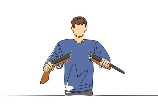 Single continuous line drawing a man in casual clothes holds and breaks a shotgun with both hands. Refuse to participate. International Conscientious Objectors Day. One line design vector