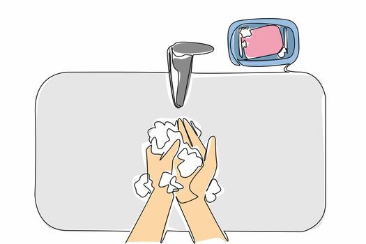 Single continuous line drawing a pair of hands being washed in the sink with soap bar. Actions to prevent the spread of the virus. Protect. World Hand Hygiene Day. One line illustration vector
