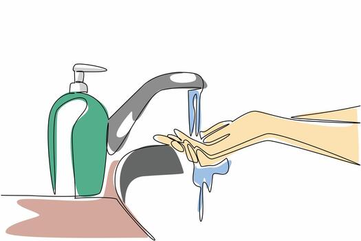 Continuous one line drawing hands are being washed in the sink. Measures to prevent the spread of viruses and germs. Healthcare. World Hand Hygiene Day. Single line draw design vector