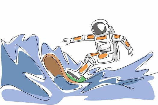 continuo uno línea dibujo astronauta surf con olas detrás. surf divertido en espacio. flotante libremente sin obstáculos cosmonauta. nacional astronauta día. soltero línea dibujar diseño vector