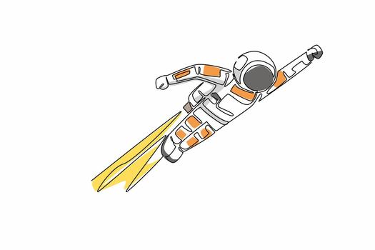 Single one line drawing astronaut flying using jetpack. Technology that makes things easier. Collecting data faster. The cosmonaut. National Astronaut Day. Continuous line design illustration vector