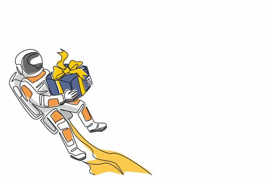 Continuous one line drawing astronaut flying using jetpack and holding gift box. Technology that makes human life easier. A memory. National Astronaut Day. Single line draw illustration vector