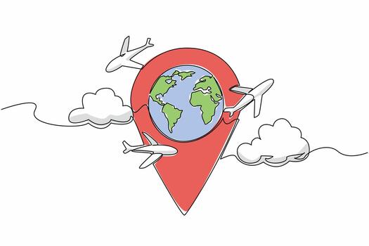 Single continuous line drawing pin location in the middle is a globe with several airplanes and clouds around it. Technology helps travelers. National Tourism Day. One line design vector