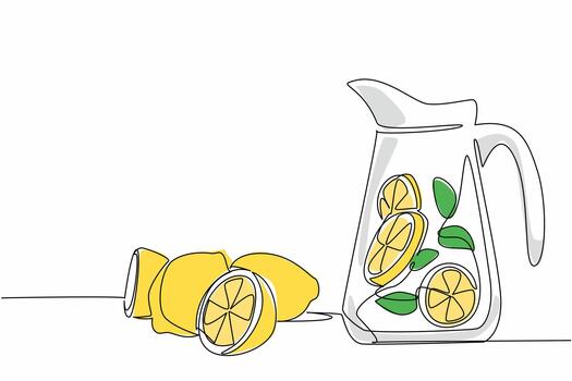 soltero continuo línea dibujo limonada en vaso jarra o lanzador. frío bebidas evitar deshidración. verano es todavía refrescante. infundido agua. nacional limonada día. uno línea diseño vector