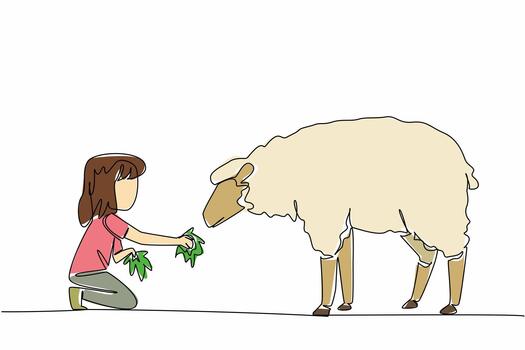 Continuous one line drawing girl holds a handful of grass in her hand and gives it to the sheep. Providing the best grass feed. National Open Farm Day. Single line draw design vector
