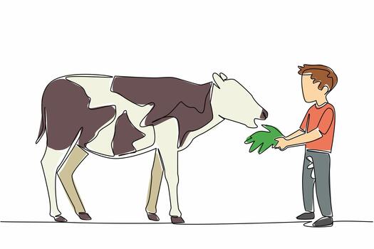 Single continuous line drawing a boy holds grass in his hand and gives it to the calf. Learn directly to the farm. Learn with the experts. National Open Farm Day. One line illustration vector
