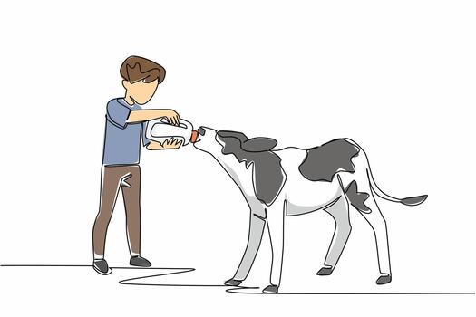 Single one line drawing boy holding a large milk bottle and giving it to a calf. Learn to be a good farmer. Be patient and diligent. National Open Farm Day. Continuous line design illustration vector