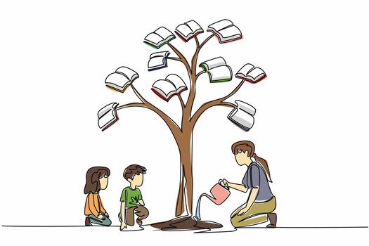 continuo uno línea dibujo hembra profesor riego un árbol cuyo hojas son en el formar de libros. cultivar un pasatiempo de lectura. nacional día de maestro. soltero línea dibujar diseño vector