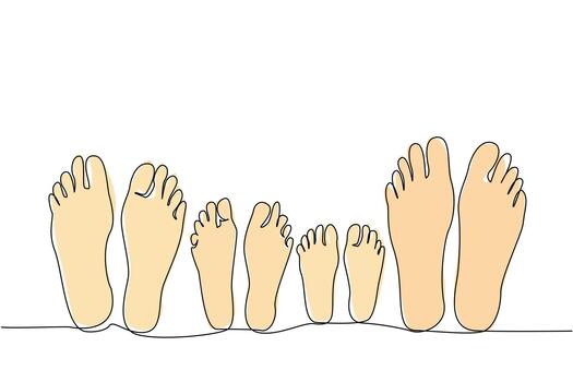 Single one line drawing 4 pairs of feet are lying down relaxing. A warm and harmonious family. Always make time to chat with each other. No Socks Day. Continuous line design illustration vector