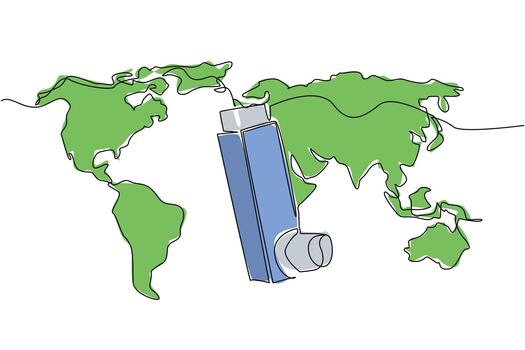 Single one line drawing asthma inhaler with a world map on the back. Assistive technology for asthma sufferers that has gone global. World Asthma Day. Continuous line design illustration vector