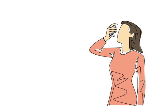 Single continuous line drawing a woman inhales asthma inhaler. Unfriendly weather triggers an asthma attack. First aid prevents permanent relapse. World Asthma Day. One line illustration vector