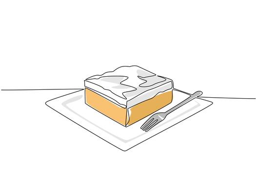 Continuous one line drawing coconut cream pie square shape on a square plate. Can be enjoyed with a fork. Deliciousness. National Coconut Cream Pie Day. Single line draw illustration vector