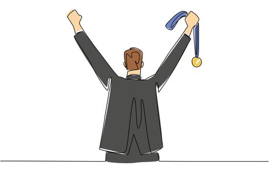 Continuous one line drawing a man in a suit raises both hands and holds a medal. Recognition of work results. Successful business. Reward Yourself Day. Single line draw design vector