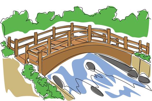 continuo uno línea dibujo público jardín con de madera puente y arboles público instalaciones y infraestructura a calma el mente. nacional público jardines día. soltero línea dibujar diseño vector