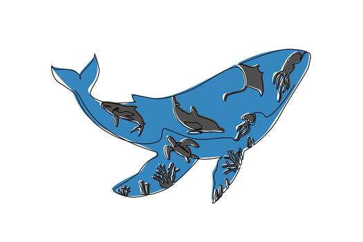 Continuous one line drawing several silhouettes of types of fish within silhouette of a large whale. The highest food chain in the ocean. Mother Ocean Day. Single line draw illustration vector