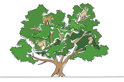 Continuous one line drawing an argania tree with several goats climbing on it. Favorite season for climbing argan trees. International Day of Argania. Single line draw illustration vector
