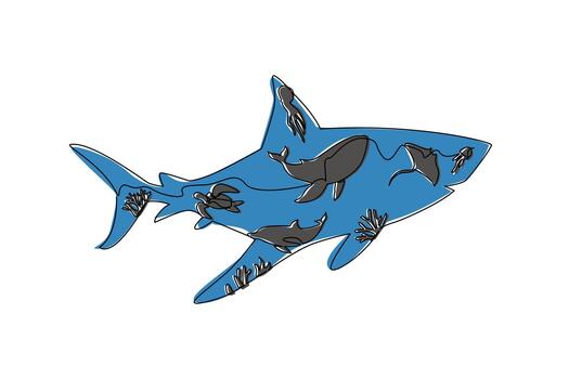 Single continuous line drawing several silhouettes of types of fish within silhouette of a shark. The ocean predator. Looking for prey. Hunting. Mother Ocean Day. One line illustration vector
