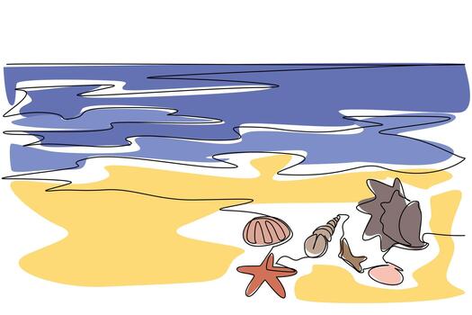 Single one line drawing various shells and starfish on the beach. Guardians of a healthy marine ecosystem. Ecosystem diversity generator. Mother Ocean Day. Continuous line design illustration vector