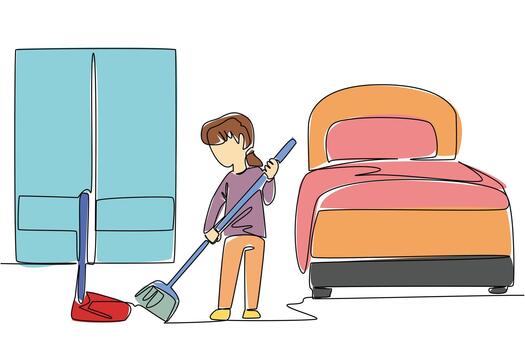 Continuous one line drawing a little girl sweeps the floor using a broom and dustpan. Done manually. Without robot technology. National Clean Your Room Day. Single line draw illustration vector