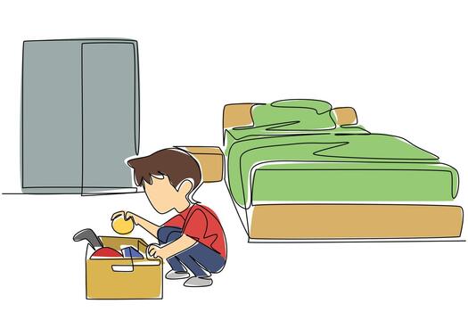 Single continuous line drawing a boy tidying up toys and putting them in the toy box. Learn to be responsible as early as possible. National Clean Your Room Day. One line design vector
