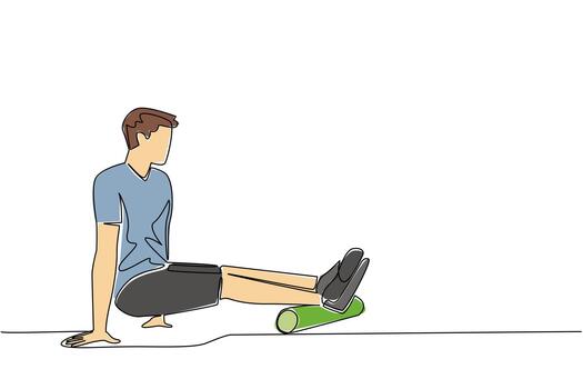 Single one line drawing a man exercising using a foam roller. Handling of minor injuries. Highly competent medical team. Gym. National Foam Rolling Day. Continuous line design illustration vector