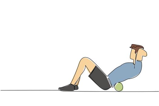 Continuous one line drawing a man exercising using a foam roller in a sit up pose. Therapy. Treatment. Favorite trainer. Healthy. National Foam Rolling Day. Single line draw design vector