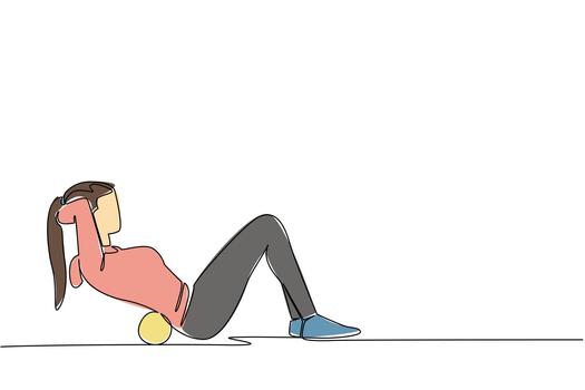Single one line drawing a woman exercising using a foam roller in sit up pose. Relaxing the hips. A little therapy to calm down. National Foam Rolling Day. Continuous line design illustration vector