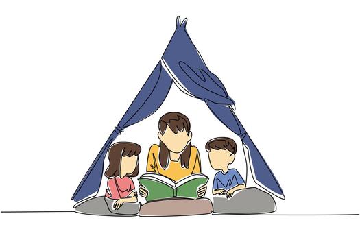 soltero continuo línea dibujo un niñera acostado abajo leyendo un libro debajo un tienda con un chico y un muchacha. obtener usado a el pasatiempo de lectura. nacional niñera día. uno línea ilustración vector