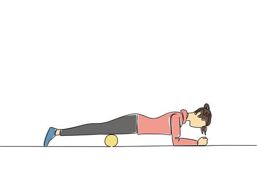Continuous one line drawing a woman exercising using foam roller. Relieves pain from tension in the front thigh muscles. Health. National Foam Rolling Day. Single line draw illustration vector