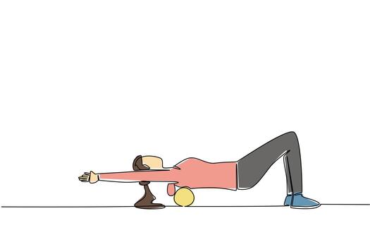 Single one line drawing a woman exercising using a foam roller. Stretches to relieve back pain. Still exercising alone. Health. National Foam Rolling Day. Continuous line design illustration vector