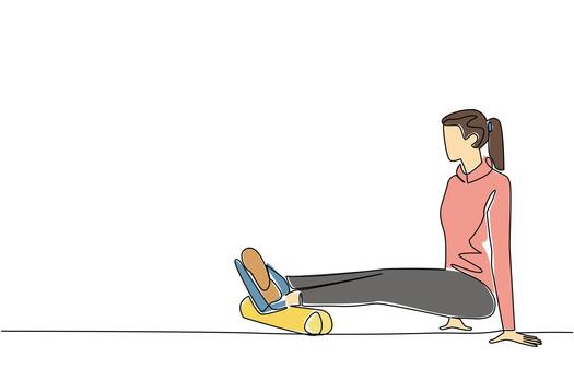 Single continuous line drawing a woman exercising using a foam roller. Sprain. Minor ankle injury. Recovery. Restore joint strength. National Foam Rolling Day. One line illustration vector