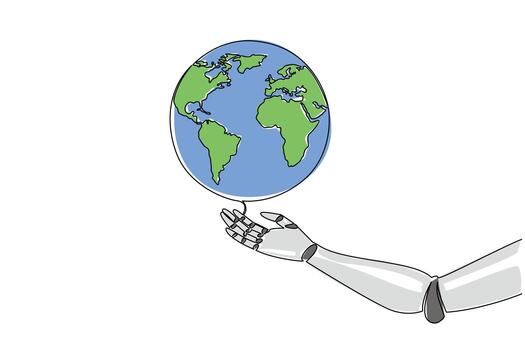 Continuous one line drawing robot hand with globe on top. Artificial intelligence robots will fill the earth. Dilemma problem. National Technology Day. Single line draw illustration vector