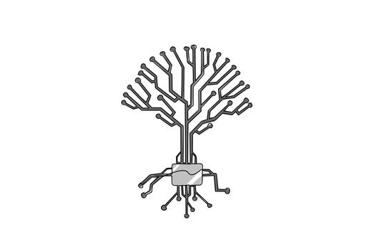 soltero continuo línea dibujo árbol conformado circuito tablero. en expansión arboles utilizando tecnología. haciendo sabio utilizar de tecnológico avances nacional tecnología día. uno línea ilustración vector