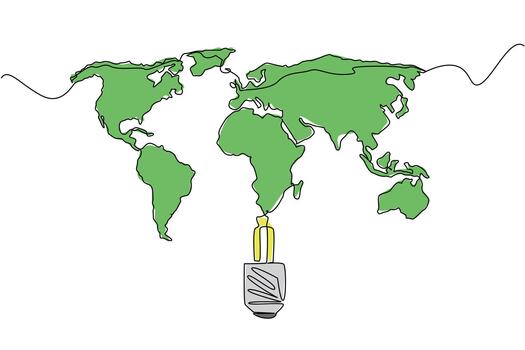 Single one line drawing the bottom of the bulb with the world map on top. Simple technology that can light up the world. Bright. National Technology Day. Continuous line design illustration vector