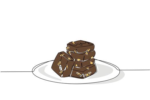 Continuous one line drawing stacks of nutty fudge and one leans back. Dish that will make it easy for consumer. Natural sweetness. National Nutty Fudge Day. Single line draw design vector