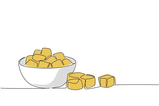 Single continuous line drawing croutons in a bowl and some scattered on the side of the bowl. Adding to the deliciousness of food. Snack. National Crouton Day. One line illustration vector