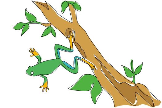 Single one line drawing frog jumping from tree trunk. Looking for edible insects. Hunting during the day looking for food source. National Frog Jumping Day. Continuous line design illustration vector
