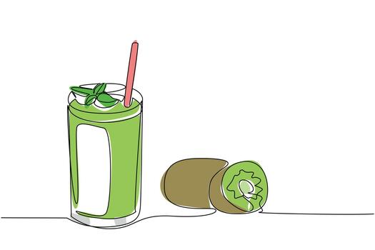 Continuous one line drawing glass of kiwi juice with straw and leaf on top of glass. Fresh drinks that protect the immune system. National Juice Slush Day. Single line draw design vector