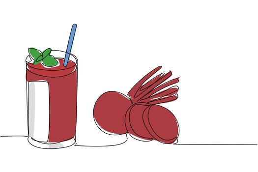 Single continuous line drawing glass of beetroot juice with straw and leaf on top of the glass. A refreshing drink can prevent dementia. National Juice Slush Day. One line design vector