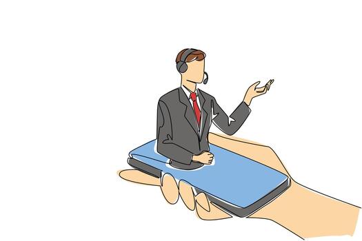 Single one line drawing hand hold smartphone with male customer support coming out of the screen. Online explanation. International Customer Support Day. Continuous line design illustration vector