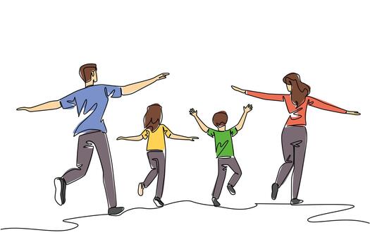 Single one line drawing back view, happy family running and stretching both hands. Running around the park with joy. Holiday. International Family Day. Continuous line design illustration vector